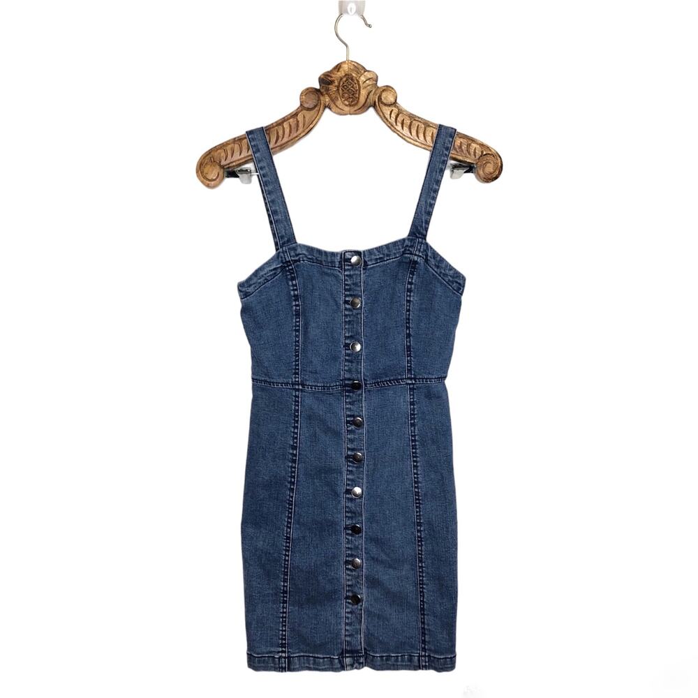 Aeropostale Denim Mini Dress Button Front Seam Detail A Line Blue Medium